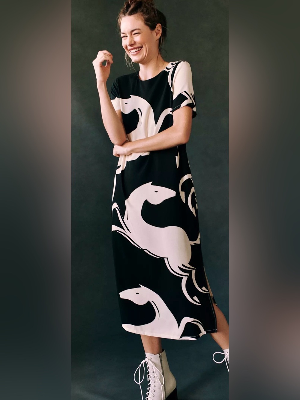 Corey Lynn Calter Black and Cream Horse Motif Midi Dress for anthropology